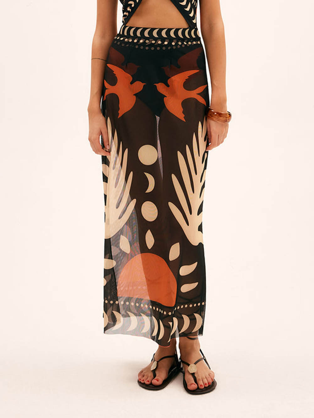 Bird Print Mesh Maxi Skirt