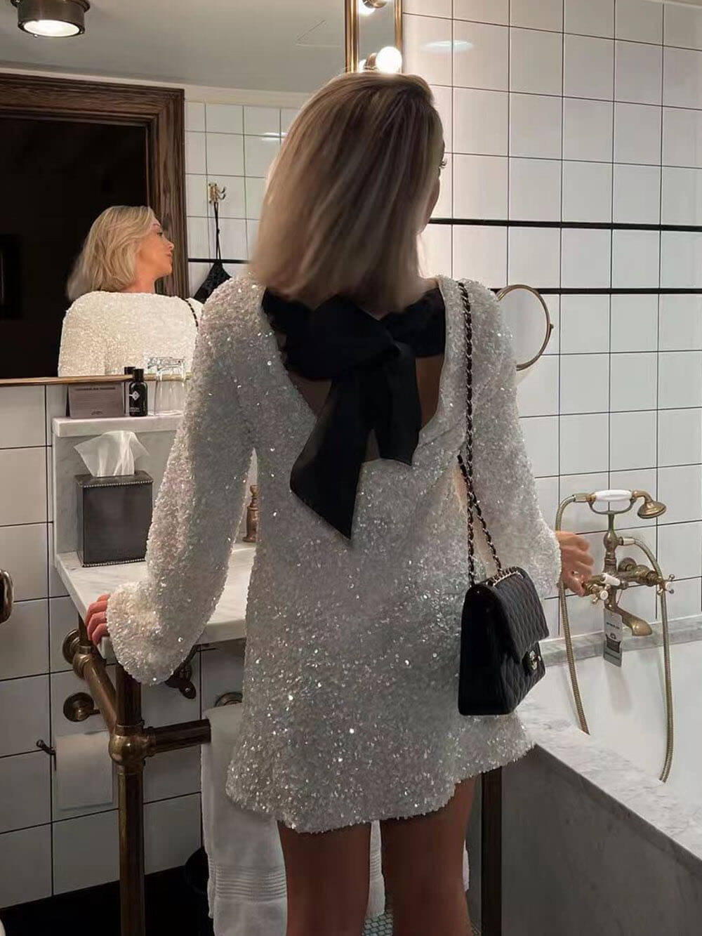 Sequined Open Back Tie Strap Mini Dress