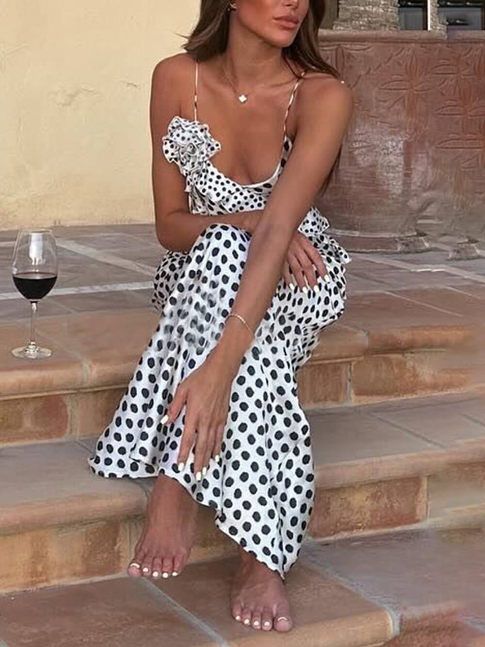 Fitted Polka Dot Layered V-Neck Sleeveless Cami Dress