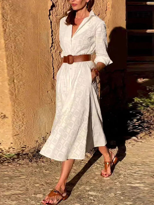 Check Print Belted Button Pocket Long Sleeve Dress