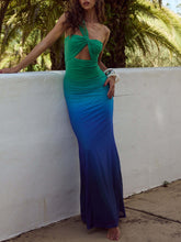 Marine Ombre Asymmetric Neck Evening Gown Dress