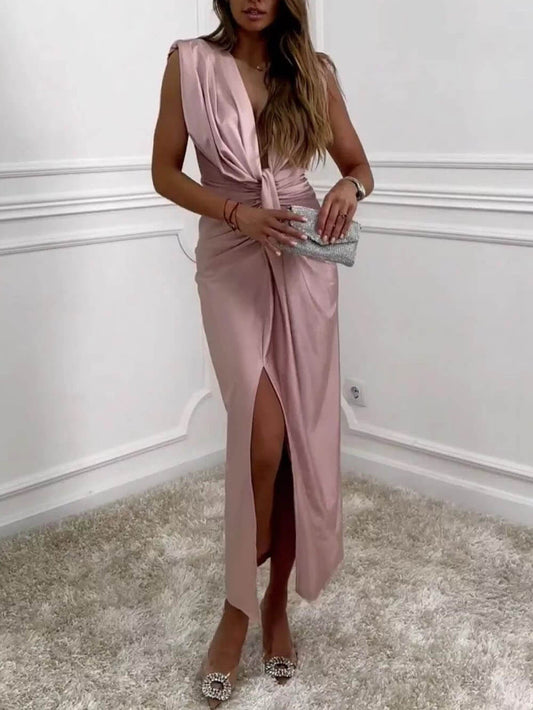V-Neck Ruched Drape Slit Classic Dress