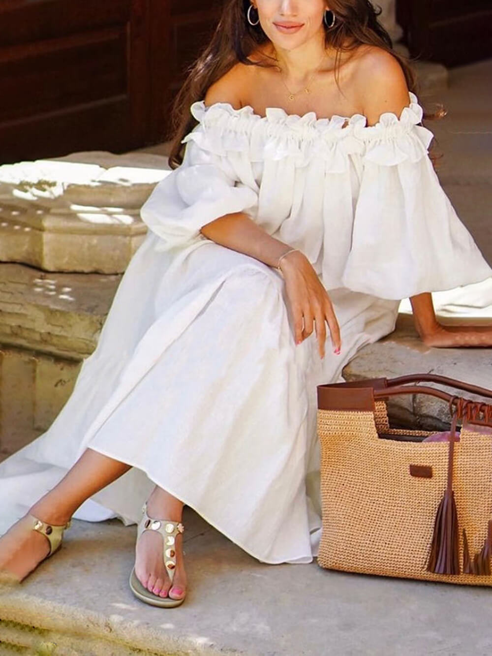 Off-Shoulder Sexy Puff Sleeve Solid Lace Beach Dress
