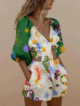 Printed Tie Front Blouse Shorts Set