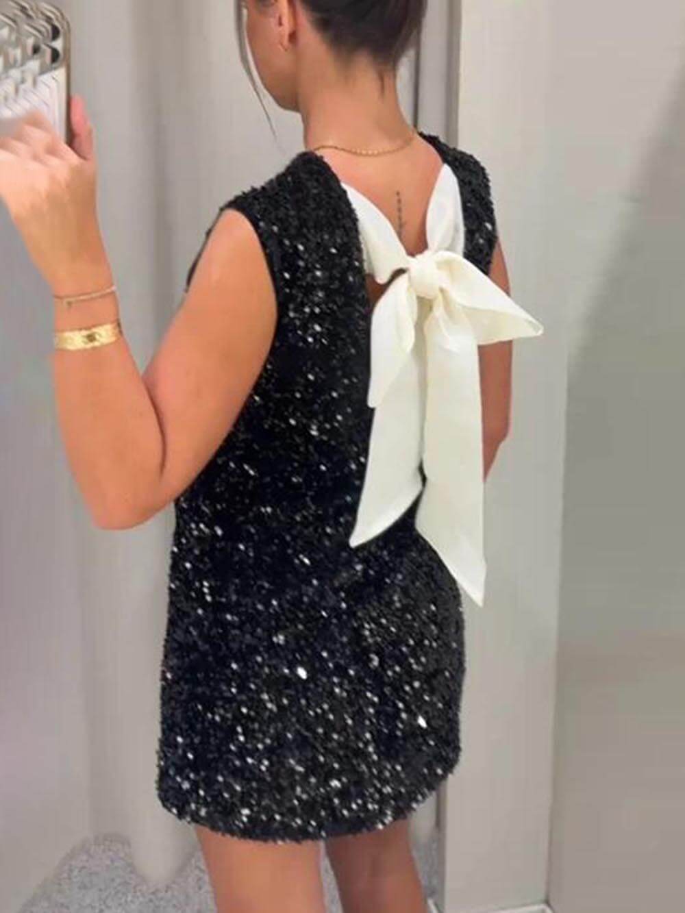 Sequined Tie-Back Bow Detail Mini Dress