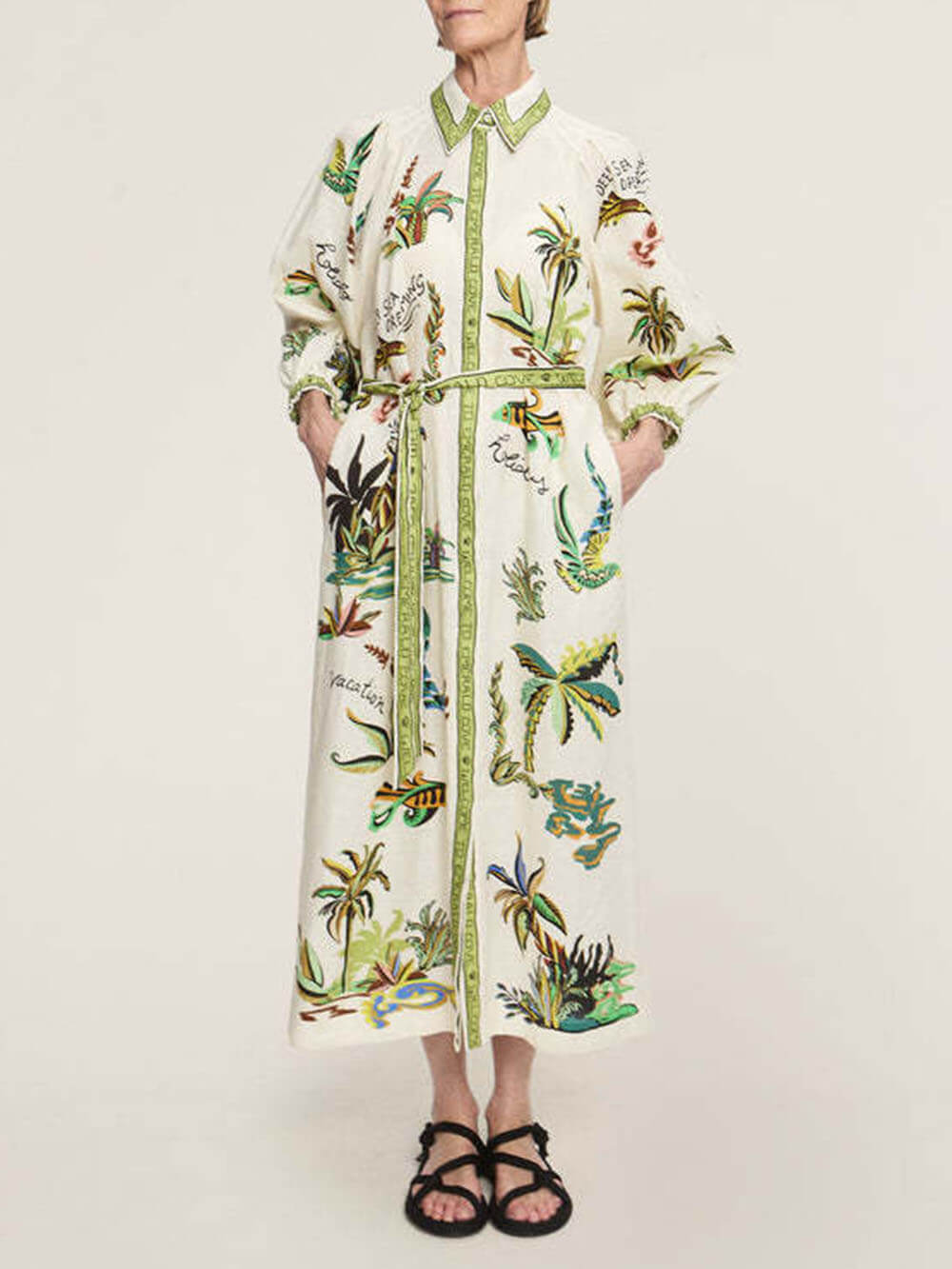 Casual Stand Collar Open-Front Tied Linen Dress
