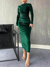 Fitted Ruched Round Neck Long Sleeve Dress