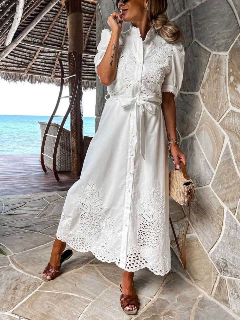 Hollow Short Sleeve Waist-Tied Flared Dress