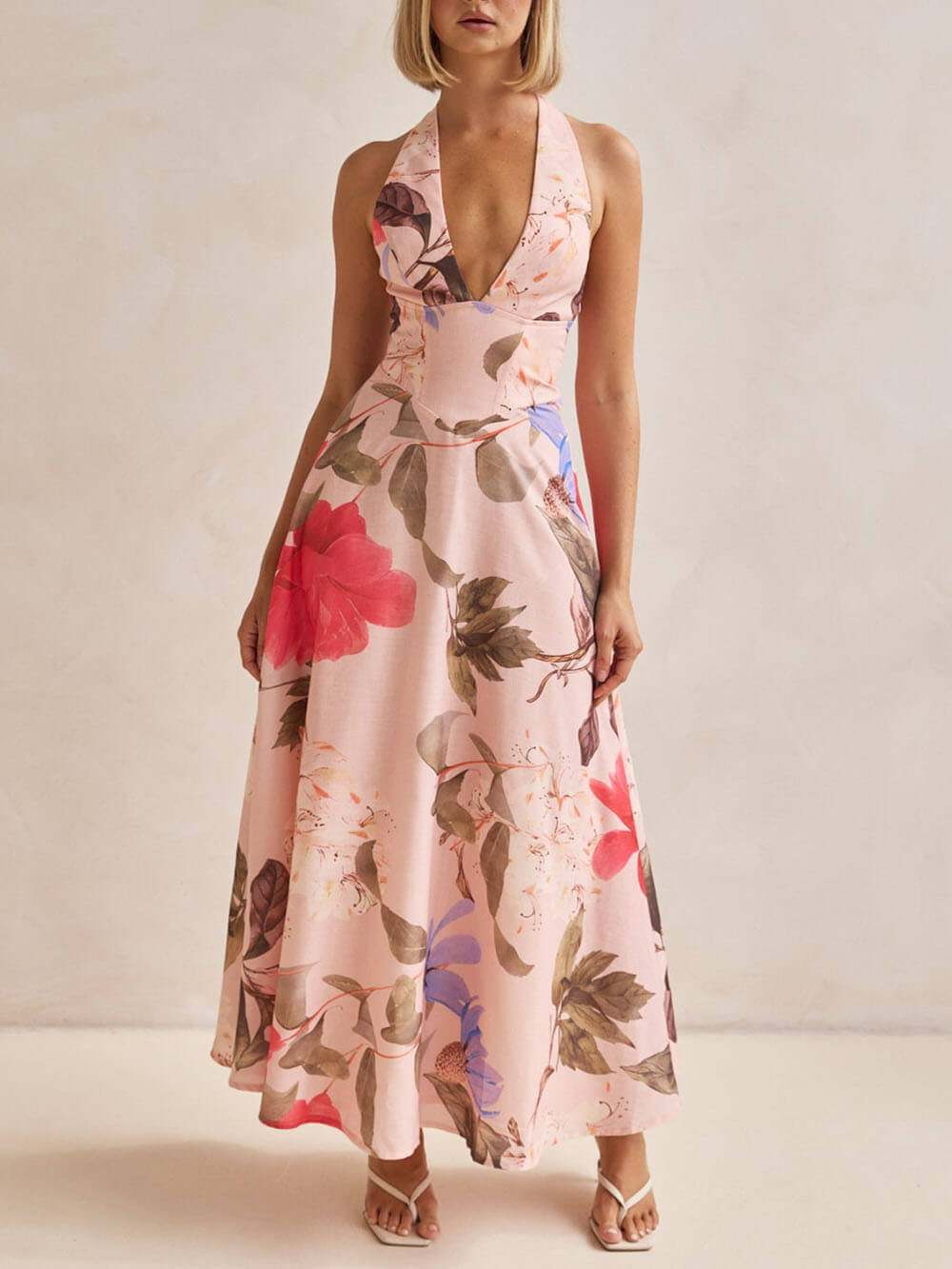 V-Neck Halter Backless Tie Beach Resort Dress