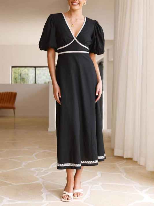 V-Neck Lace Puff Sleeve Maxi Dress