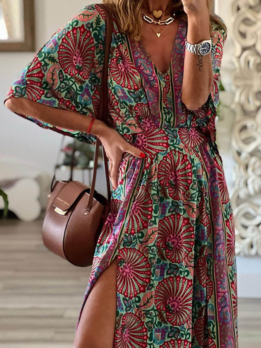 Bohemian V-Neck Printed Loose Maxi Dress