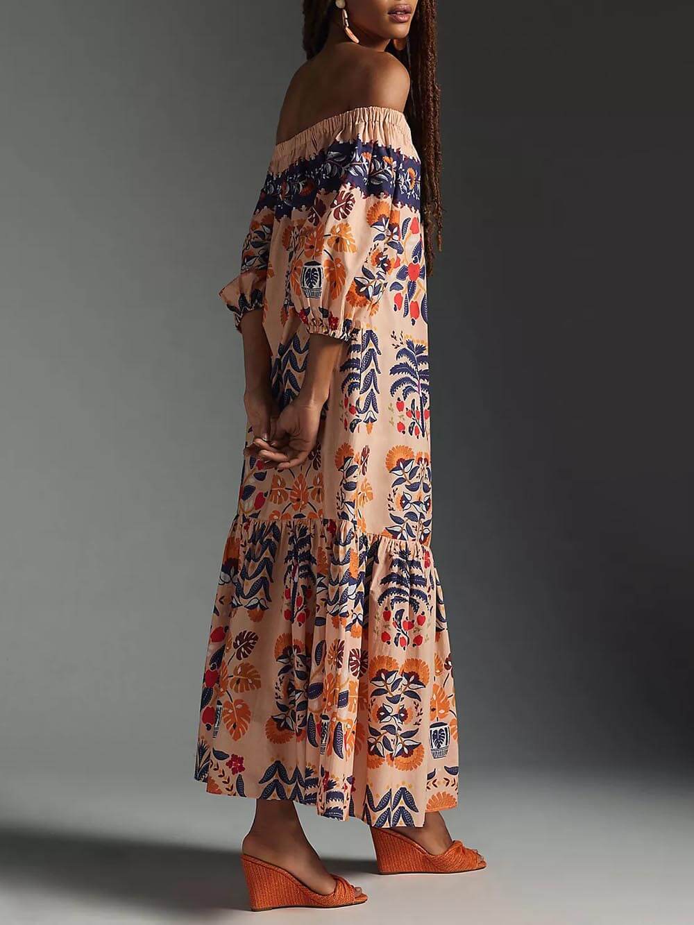 Retro Floral Off-Shoulder Loose Pocket Dress
