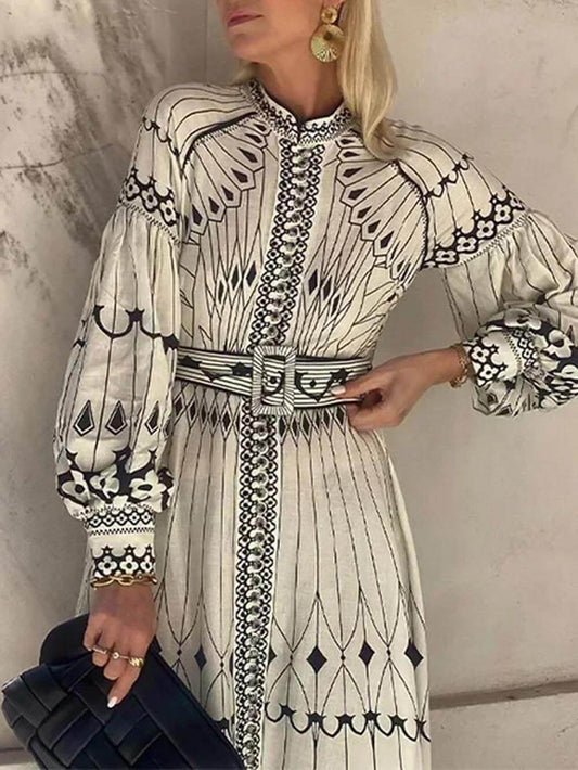 Vintage Floral Print Lantern Sleeve Casual Midi Dress