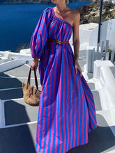 Fashion Striped Asymmetric Shoulder Resort Dress