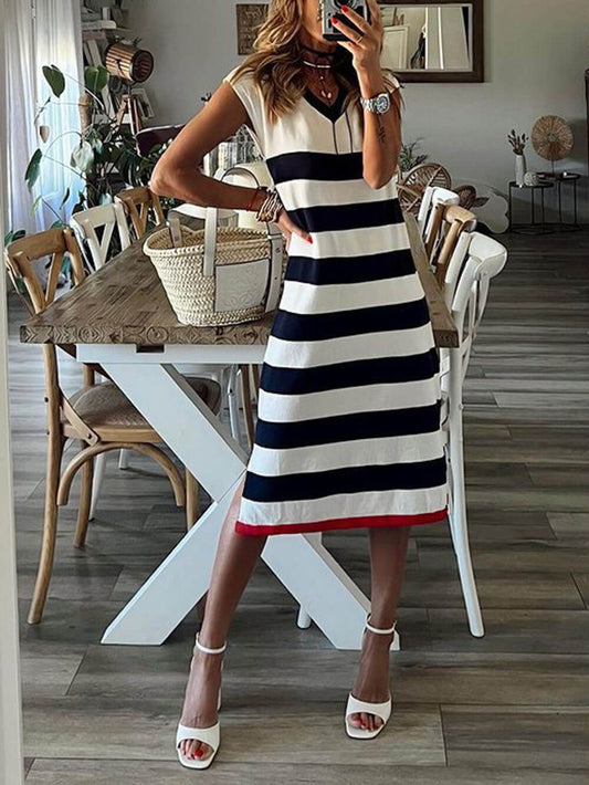 Classic Stripe Print V-Neck Slit Hem Midi Dress