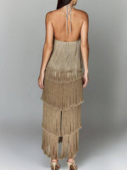 Fashion Halter Fringe Backless Slit Dress