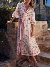 Open-Front Casual Cotton-Linen Floral Tie Dress