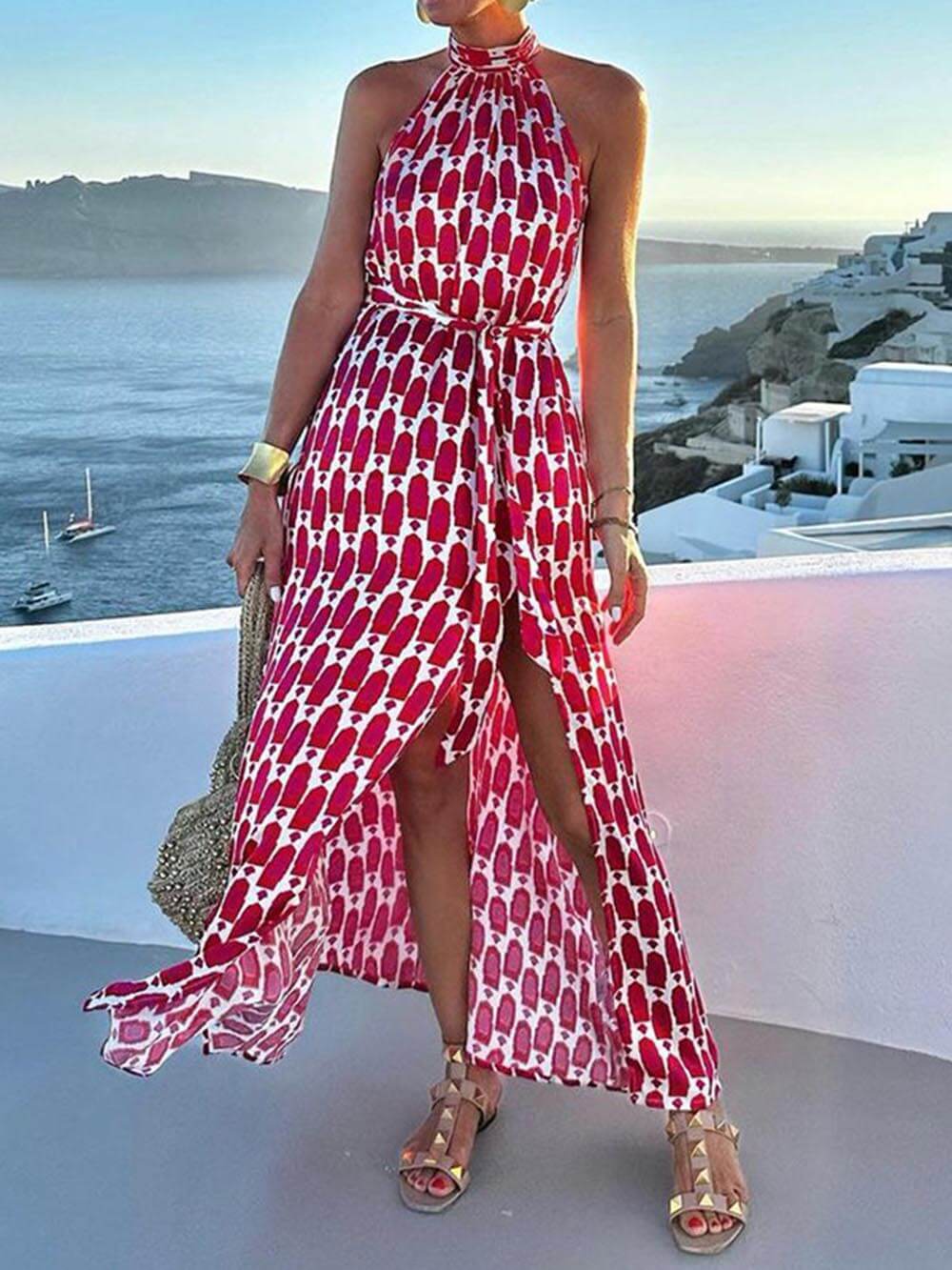 Printed Halter Neck Beach Slit Sexy Midi Dress