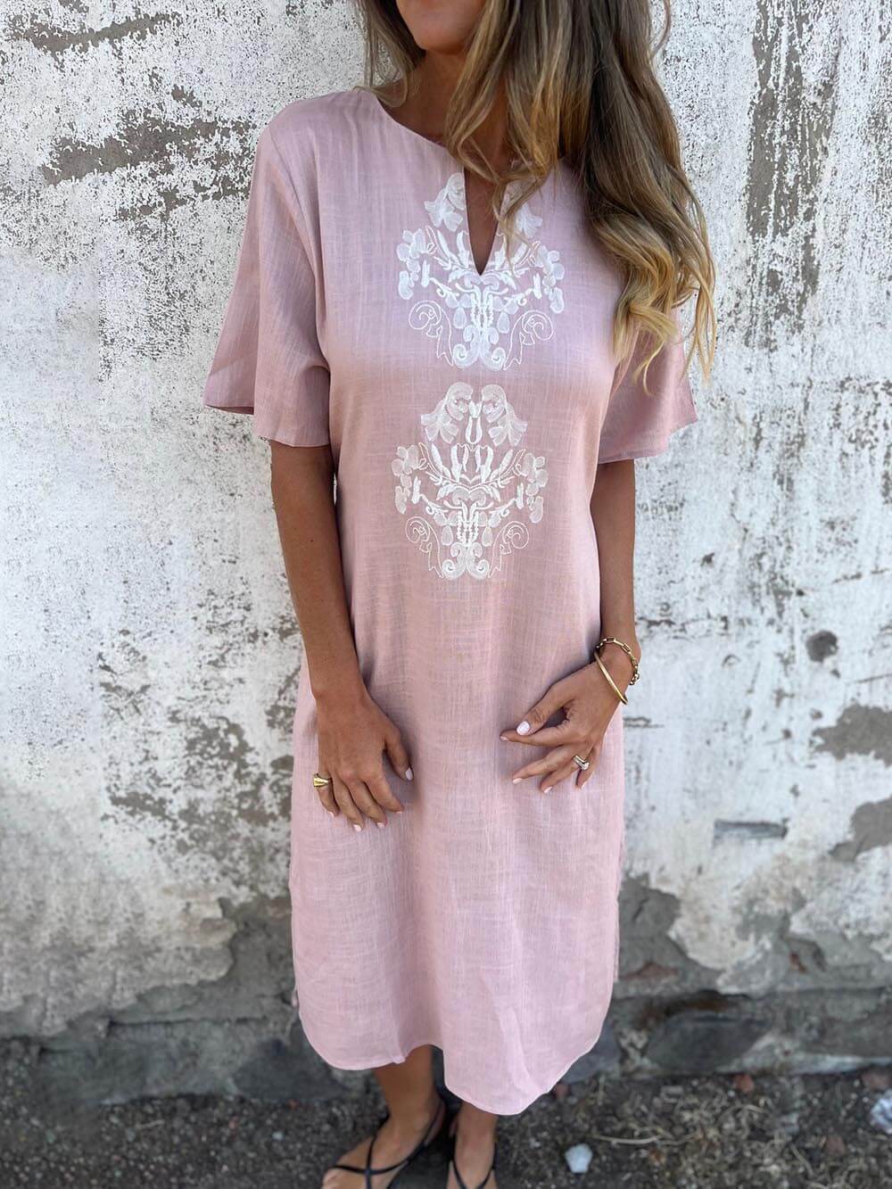 Bohemian Print Linen Loose Fit Midi Dress