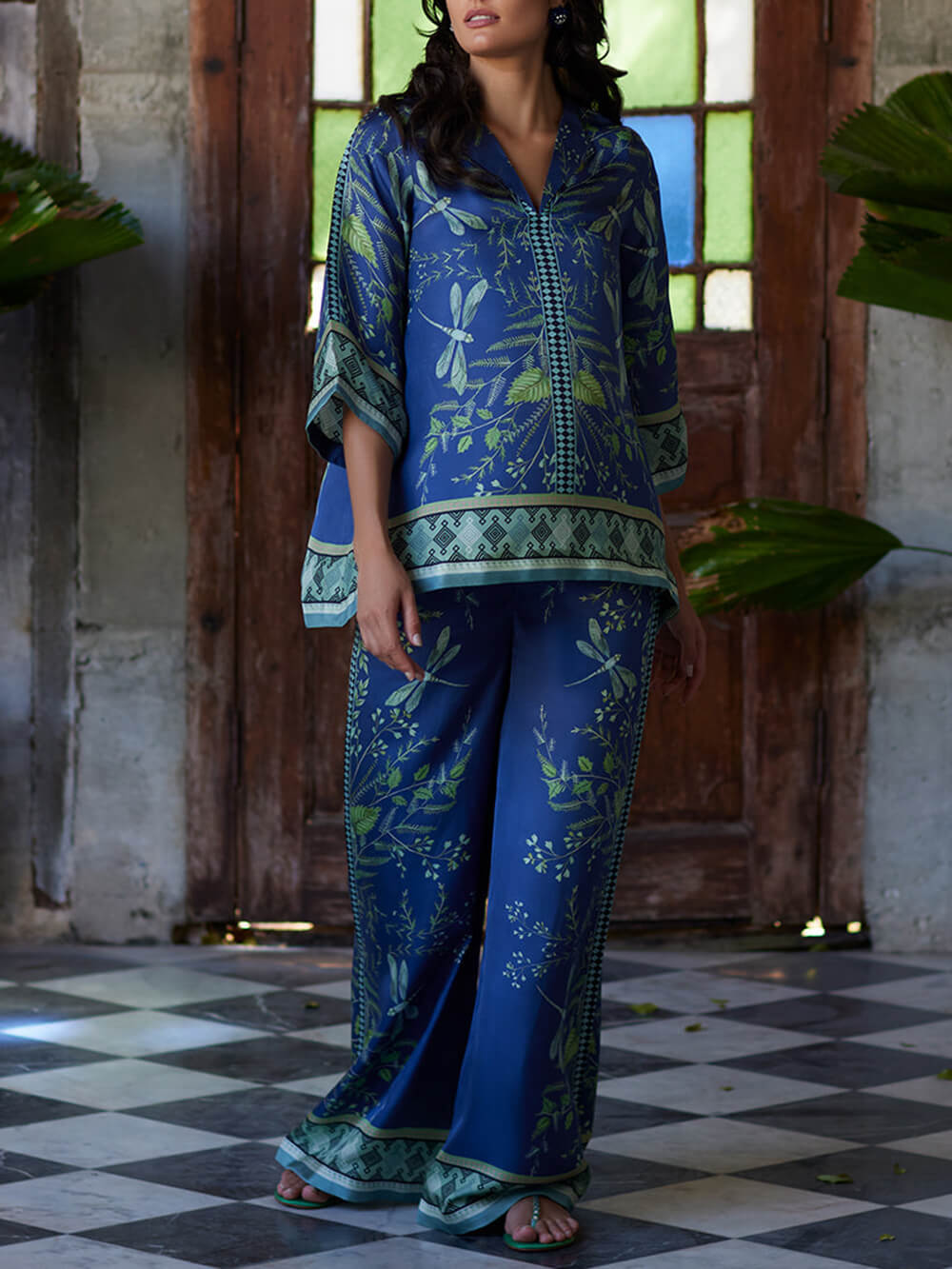 Botanical Print Wide-Leg Pants