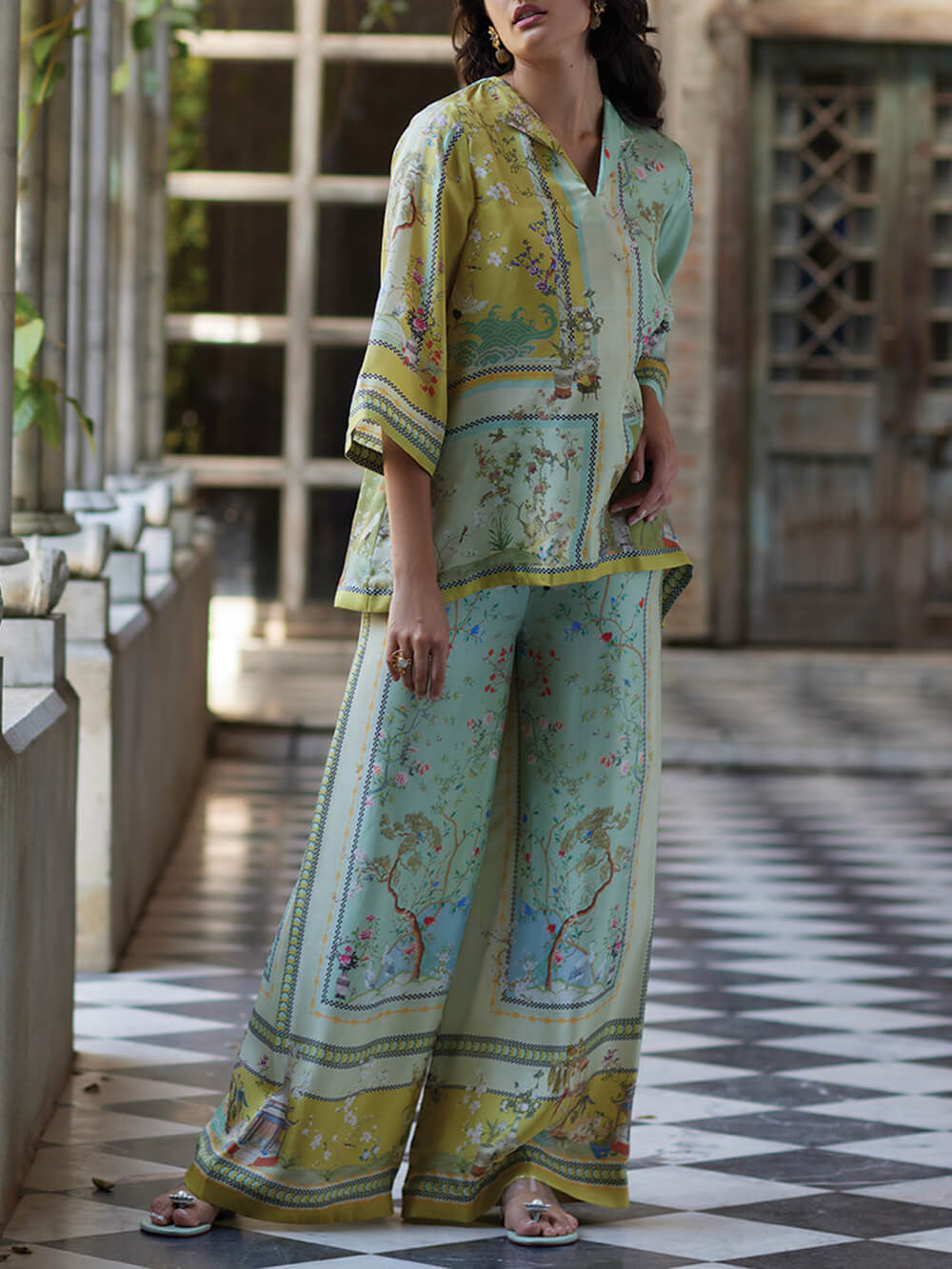 Digital Print Wide Leg Pants