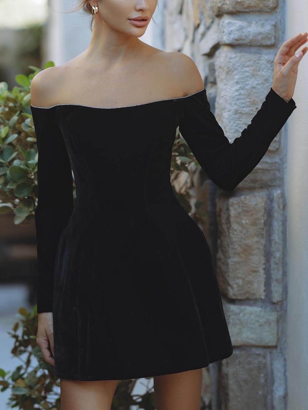 Velvet Rhinestone Off-Shoulder Bardot Mini Dress