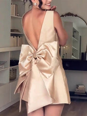 Satin Backless Bow Detail High-Waist Dress