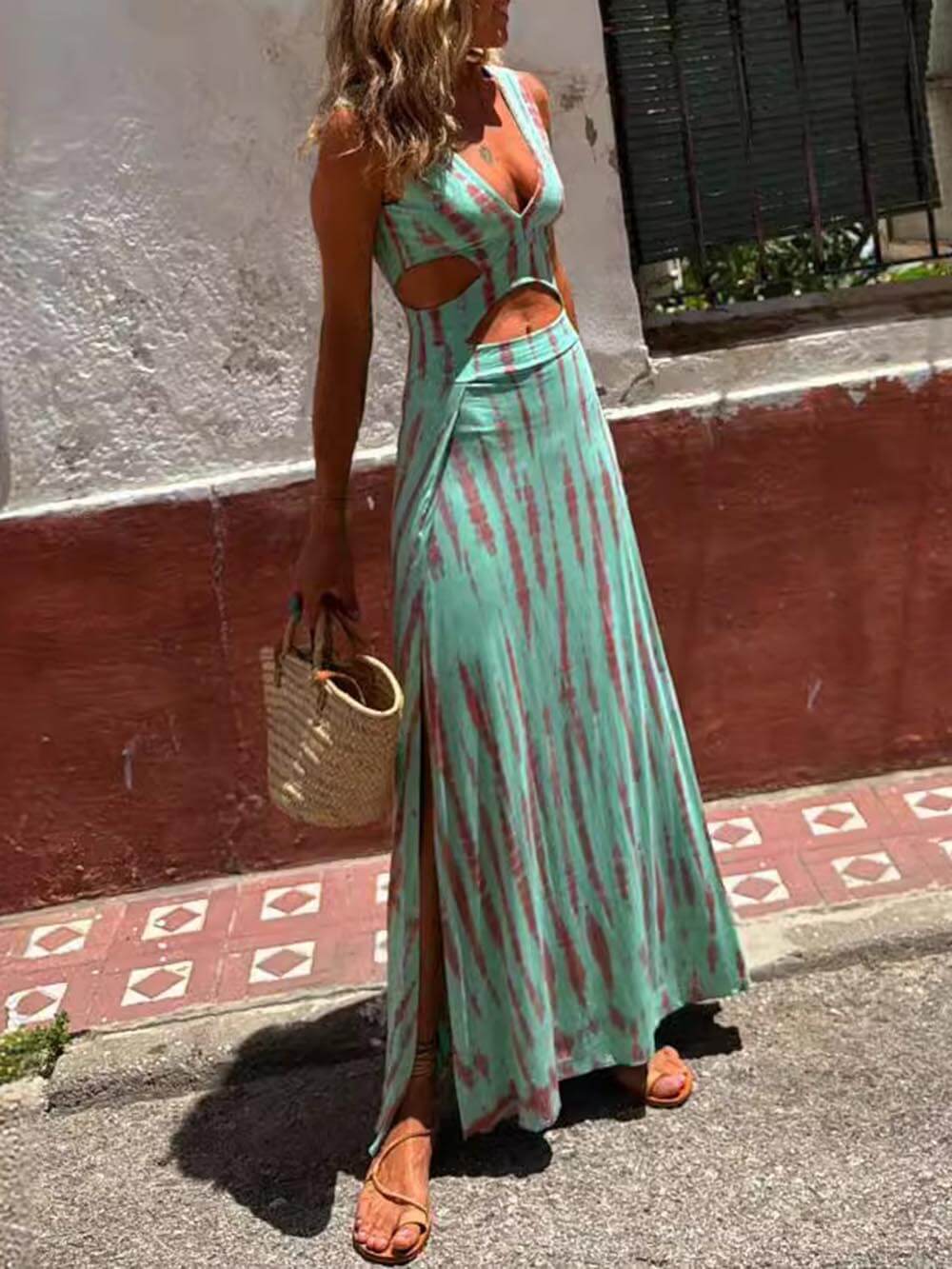 Floral V-Neck Waist Cutout Fitted Dress