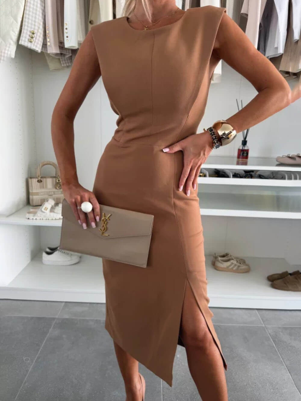 Elegant Charming Lady Round Neck Sleeveless Slit Midi Dress