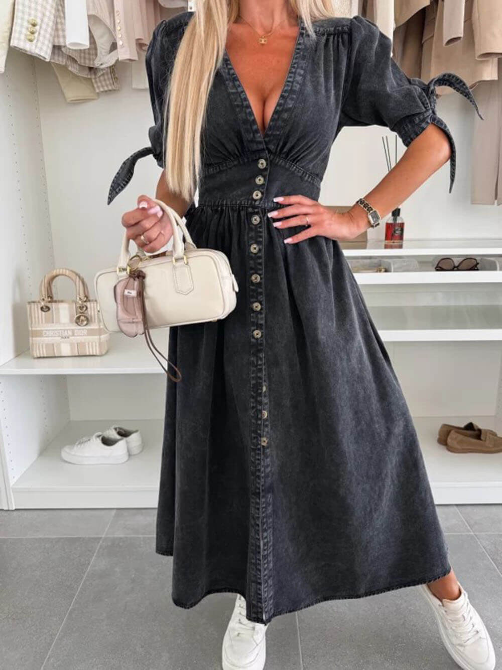 Unique Pleats Solid Color V-Neck Button-Down Denim Dress