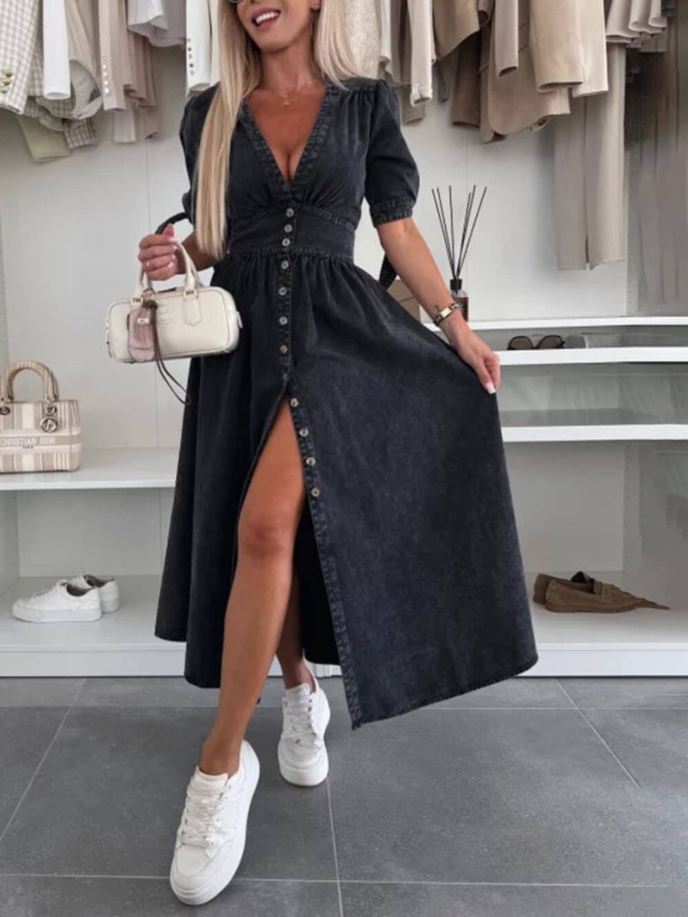 Unique Pleats Solid Color V-Neck Button-Down Denim Dress