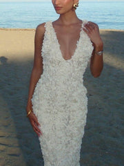 Floral Applique Deep V Neck Dress