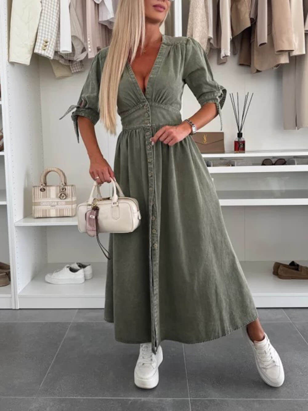 Unique Pleats Solid Color V-Neck Button-Down Denim Dress