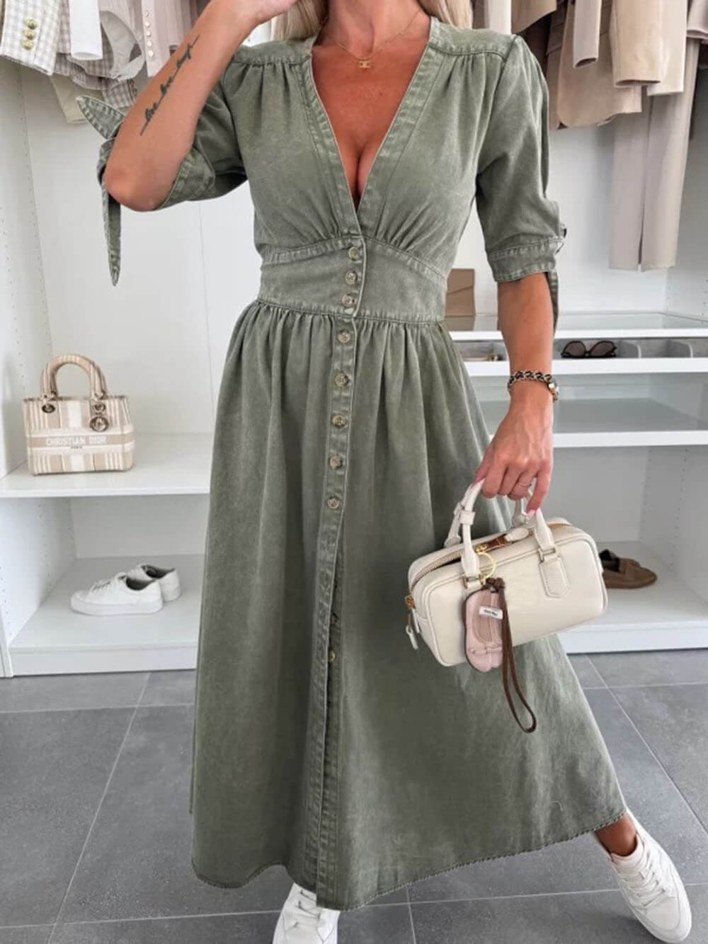 Unique Pleats Solid Color V-Neck Button-Down Denim Dress