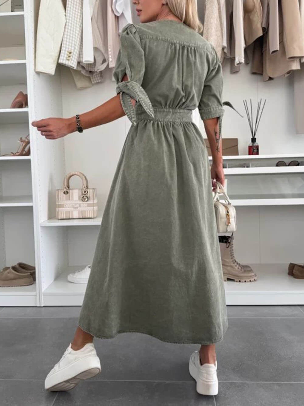 Unique Pleats Solid Color V-Neck Button-Down Denim Dress