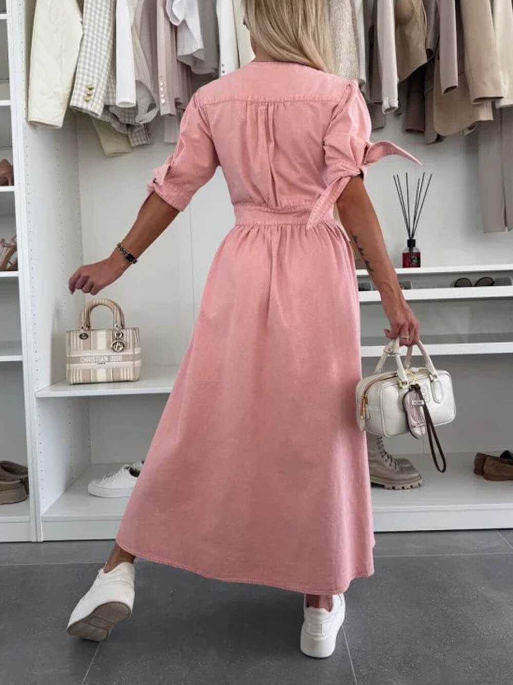 Unique Pleats Solid Color V-Neck Button-Down Denim Dress