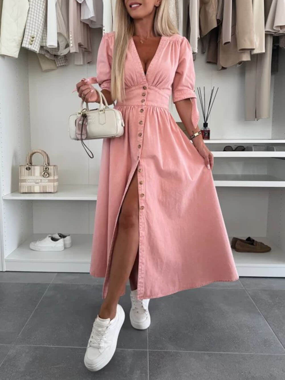 Unique Pleats Solid Color V-Neck Button-Down Denim Dress