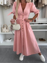 Unique Pleats Solid Color V-Neck Button-Down Denim Dress