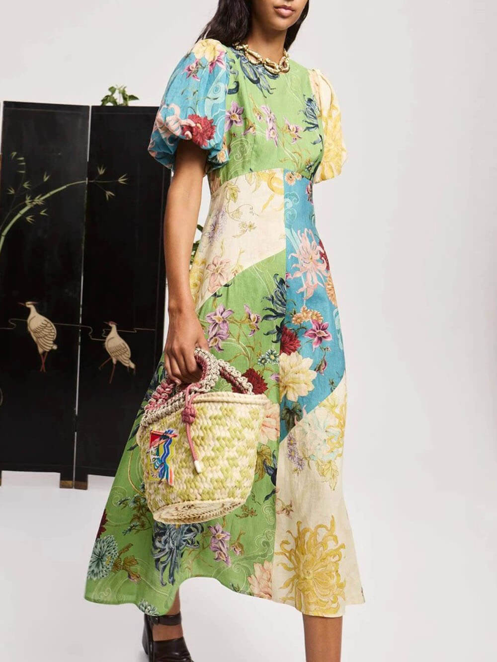 Graffiti Lantern Sleeve Casual Fashion Linen Dress
