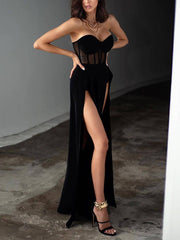 Knit Strapless Waist-Cinching Slit Dress