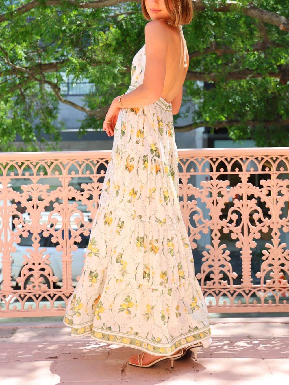Backless Halter V-Neck Floral Dress