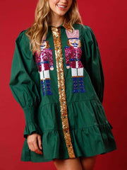 Christmas Lapel Contrast Sequin Long Sleeve Mini Dress