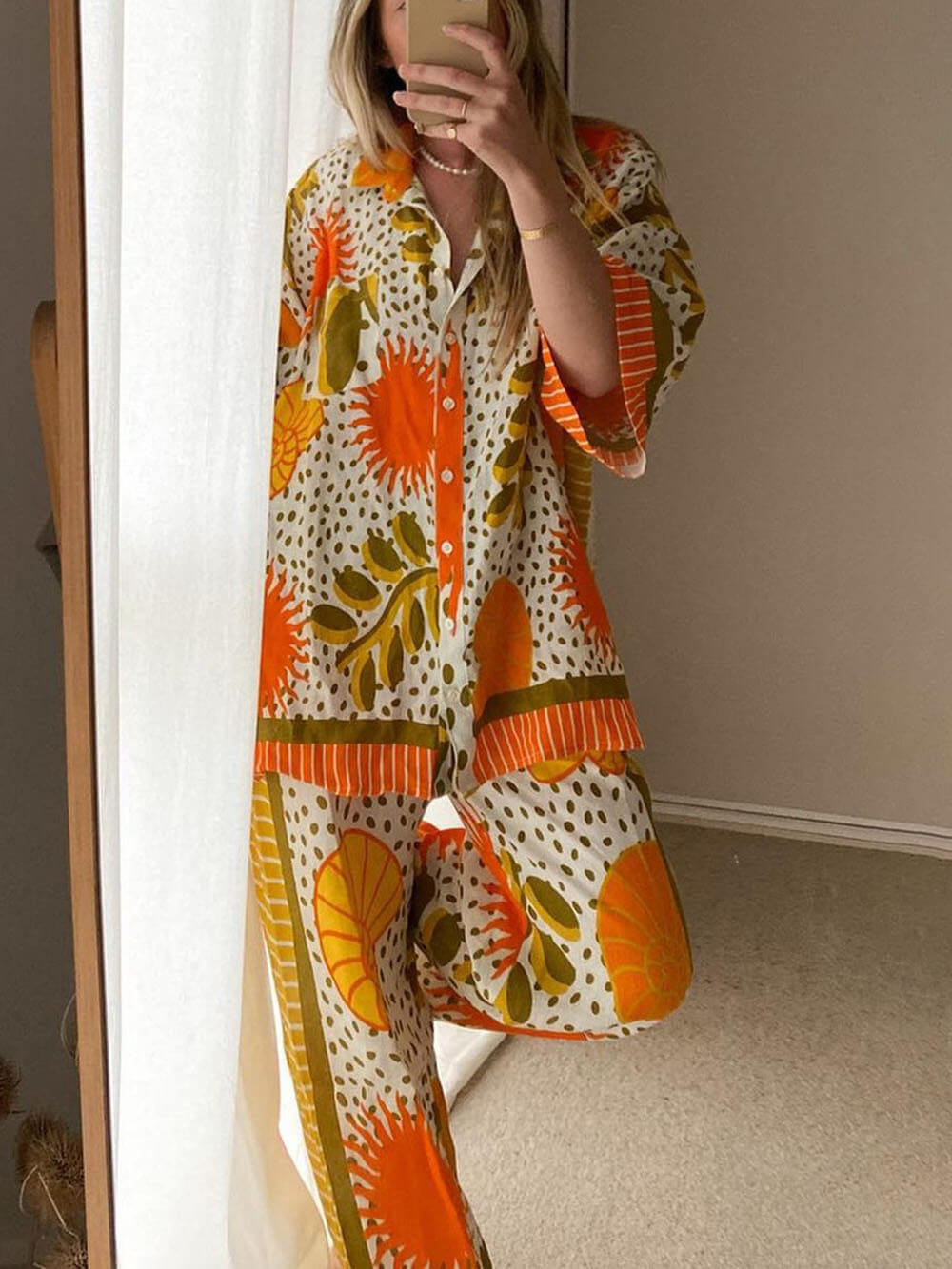 Satin Sun Print Oversized Shirt