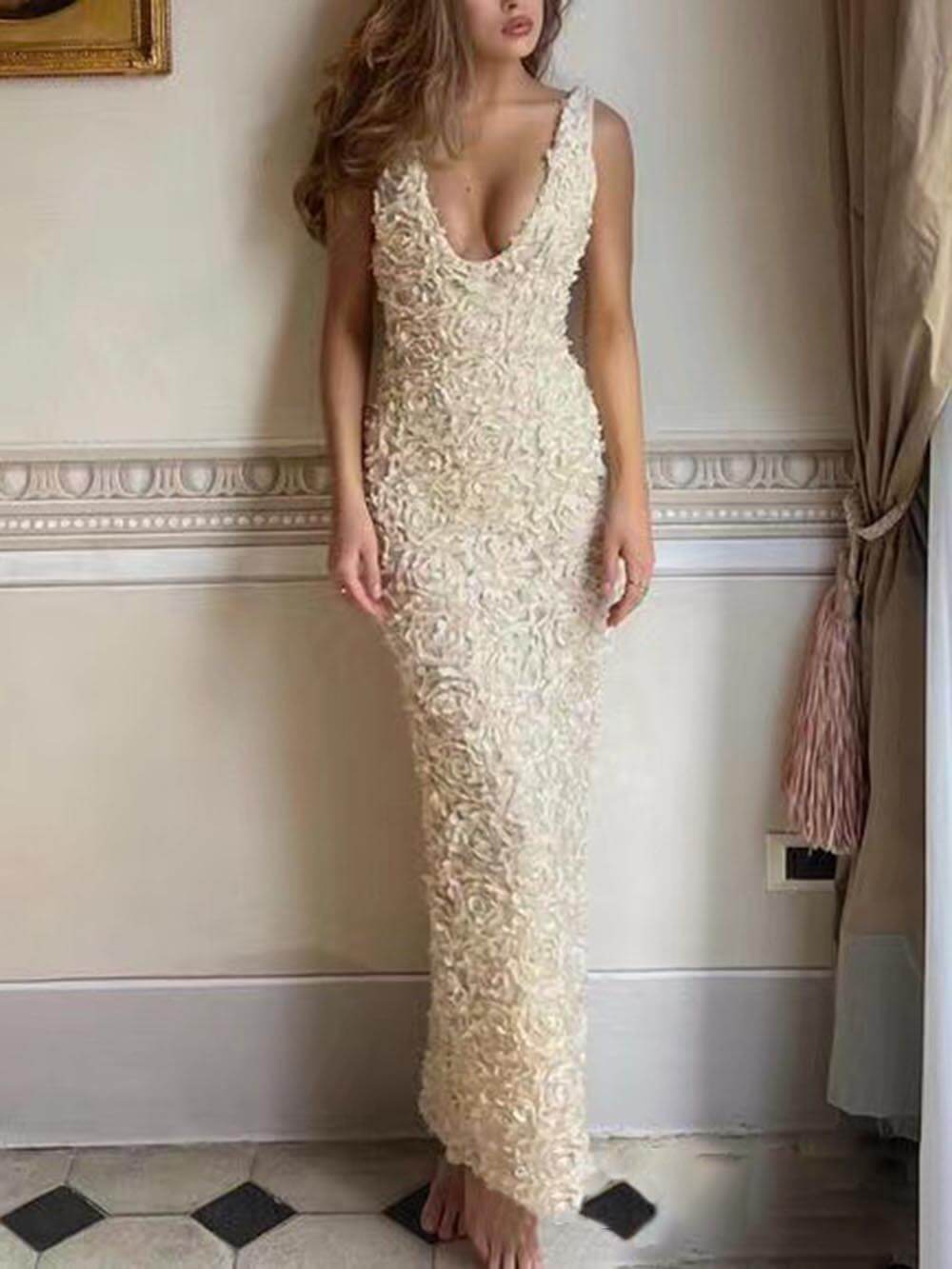 Floral Applique Deep V Neck Dress