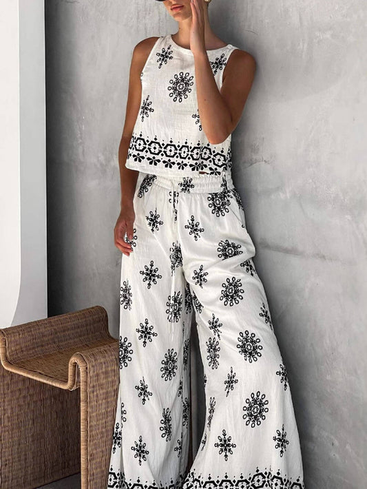 Casual Printed Linen Vest Set