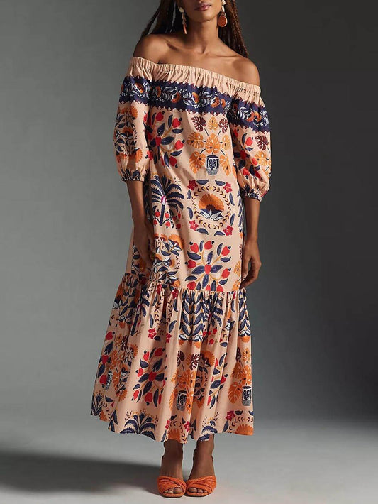 Retro Floral Off-Shoulder Loose Pocket Dress