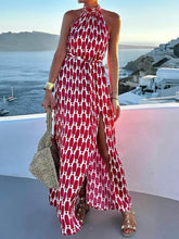 Printed Halter Neck Beach Slit Sexy Midi Dress