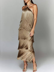 Fashion Halter Fringe Backless Slit Dress