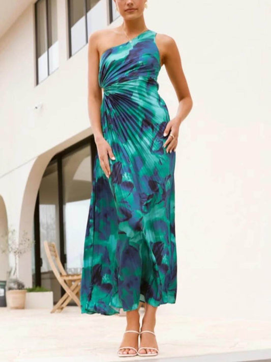 Asymmetric Shoulder Sleeveless Floral Pleated Dress