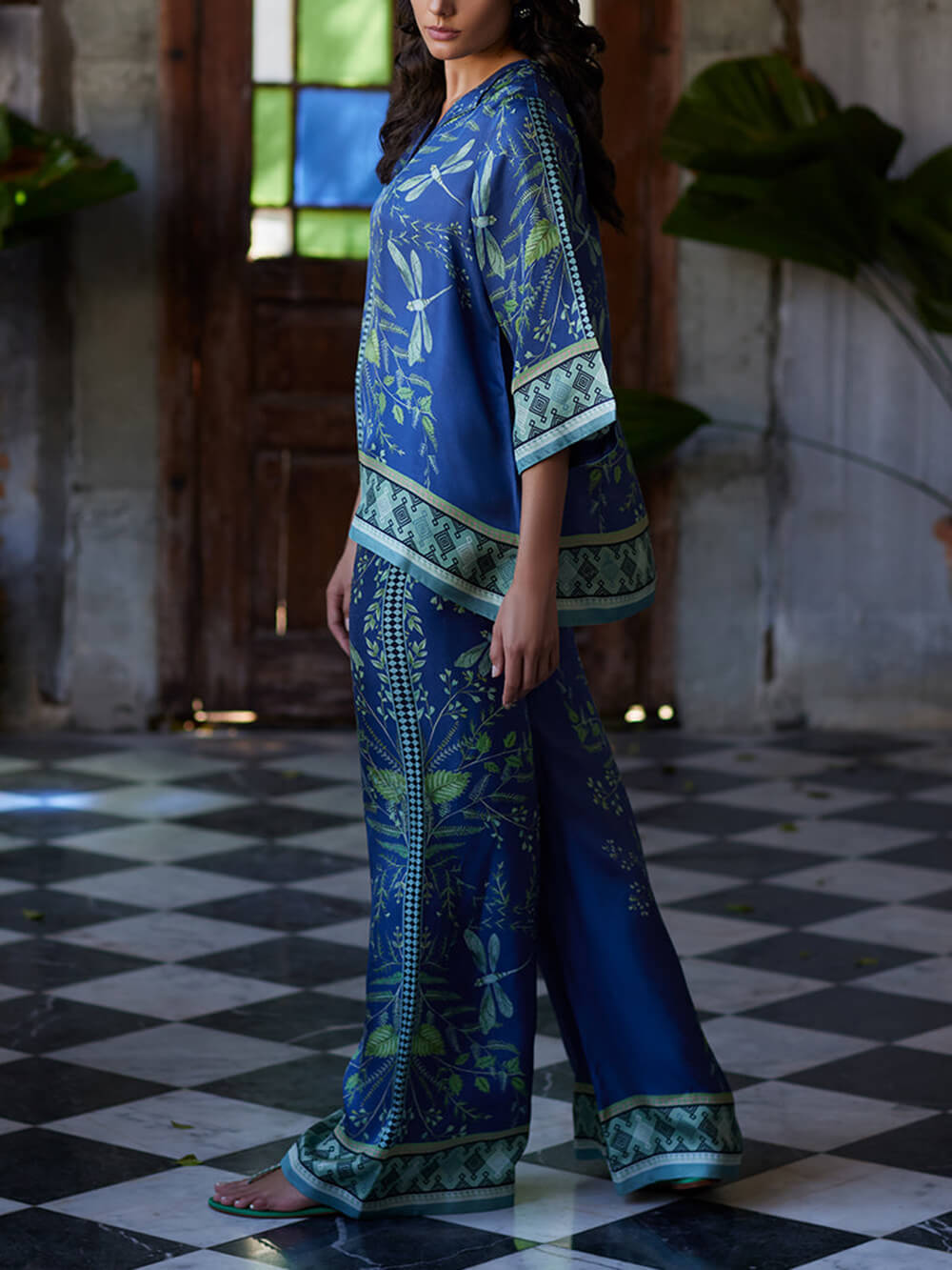 Botanical Print Wide-Leg Pants